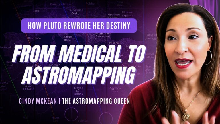 Backstage Astrology podcast episode cover featuring astrologer and AstroMapping expert Cindy McKean. The episode explores Cindy McKean’s journey from medical doctor and global health researcher to leading AstroMapping specialist and 3D astrologer, including Pluto lines, relocation astrology, astrocartography, and transformational life changes through astrology.